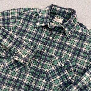 VTG 80s Montgomery Ward Flannel Shirt Men L Green Plaid Workwear USA Repaired